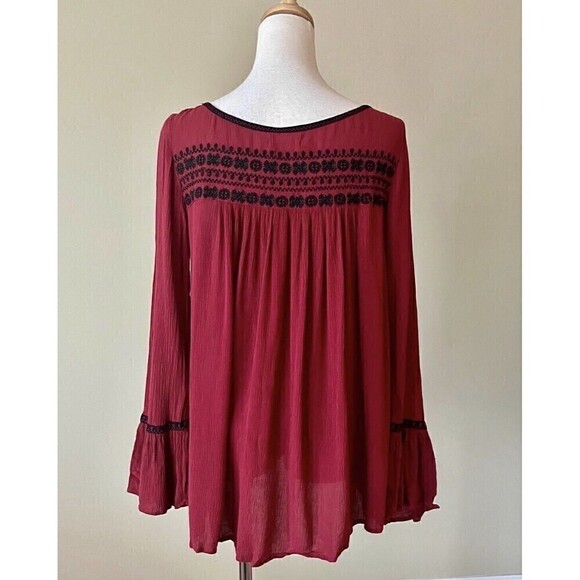 Altard State XS Boho Top Maroon Embroidered Long Sleeve Blouse - Picture 4 of 6